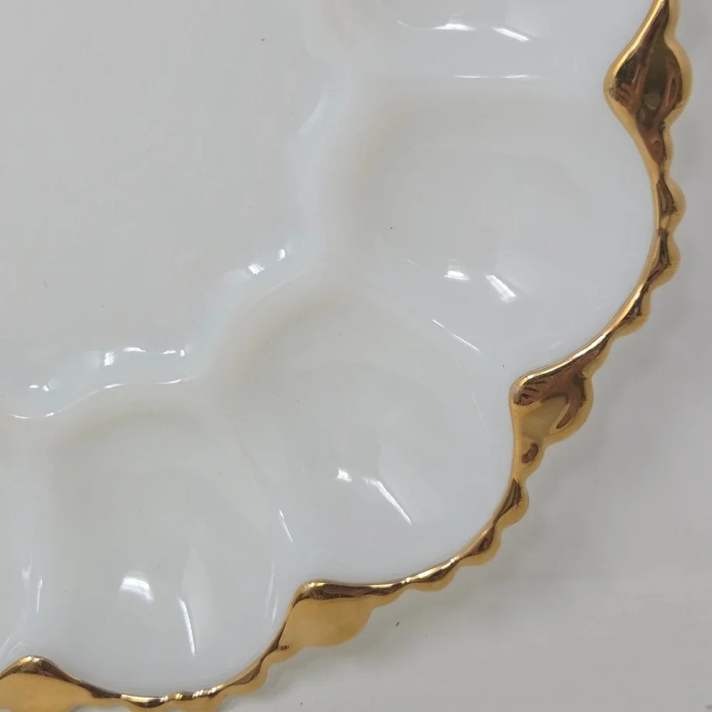 Fire-King Milk Glass Deviled Egg Plate Gold Trim Scalloped Serving‎ Platter 10